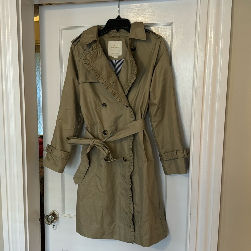 Kate Spade women’s Ruffle Rim Trench Coat, Tuscan Beige, size S; NWT - Picture 3 of 4
